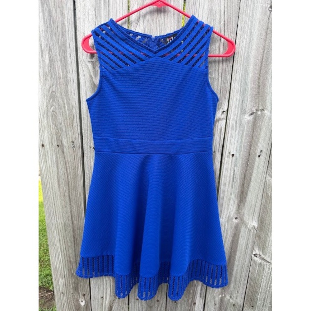 Skater Fit Flare Crochet Lilt Dress 16 Blue Textured Sleeveless Lattice Hem